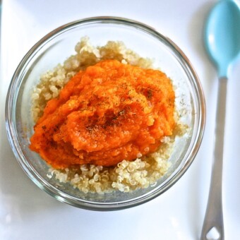 Bowl of chunky carrot, apricot and quinoa baby food puree.