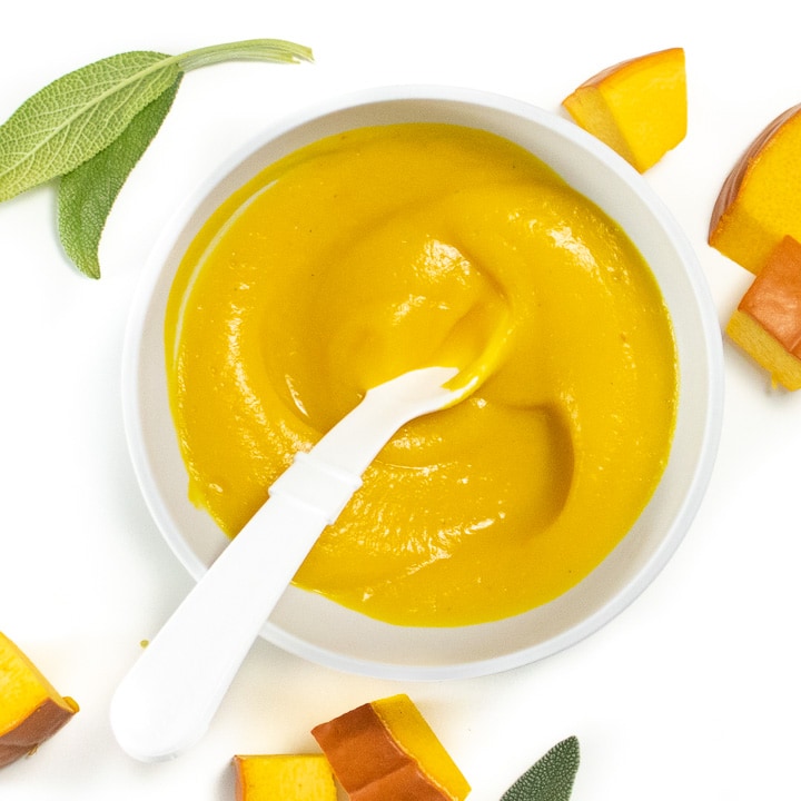 bowl of pumpkin puree surrounded by ingredients for this easy baby food.