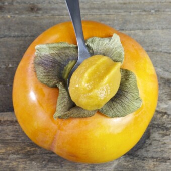 A silver spoon with baby food puree sitting on top of a persimmon.