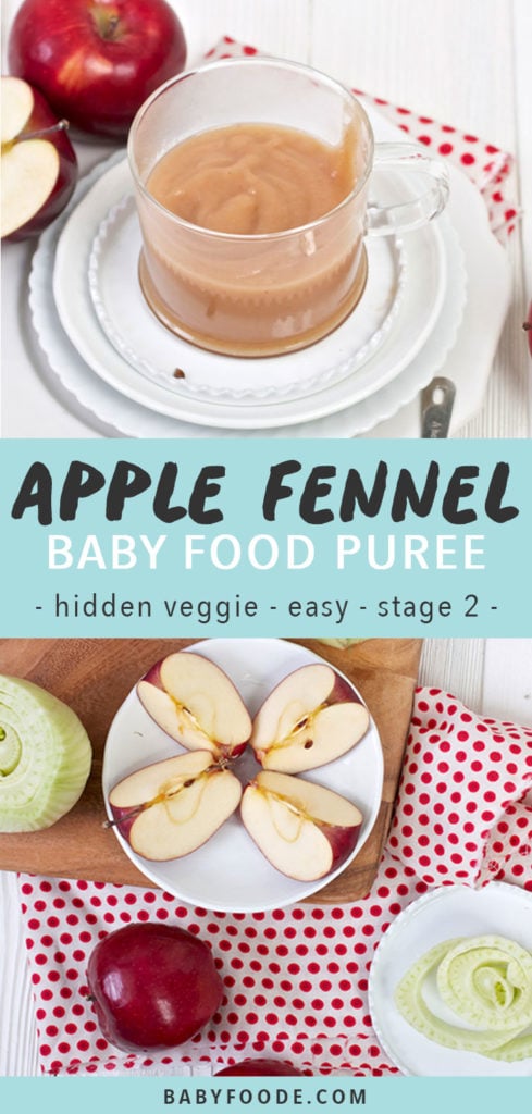 Graphic for Post - Apple Fennel Baby Food Puree.- hidden veggie, easy, stage 2. Image of a clear bowl filled with baby food puree with produce surrounding it and a spoon in front with a bite for baby as well as another image of produce spread around on a cutting board and white table.