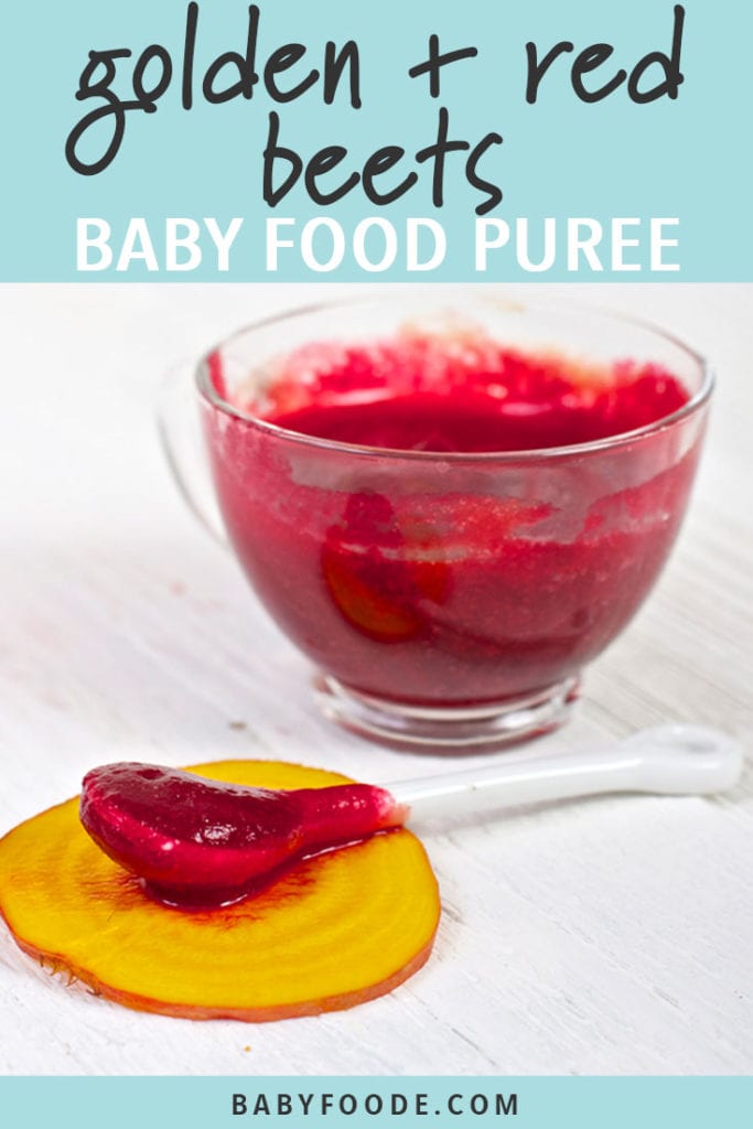 Graphic for Post- Golden + Red Beets Baby Food Puree. Image is of clear jar filled with red beet puree with a spoon sitting in front of it resting on a piece of golden beet.