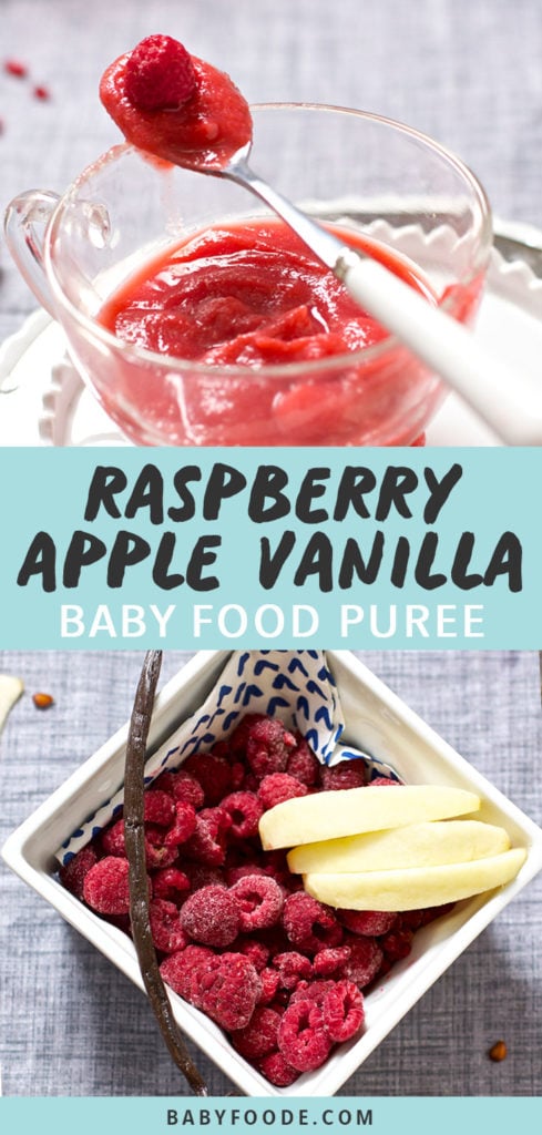 Graphic for Post - Raspberry Apple and Vanilla Baby Food Puree. Images of a clear bowl filled with puree and as an image of a square bowl filled with produce.