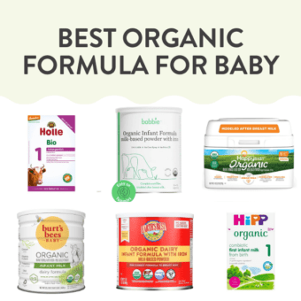 Graphic for post – best organic formula for baby. Images are in a grid of the front of the canisters of baby formula on our way back around.