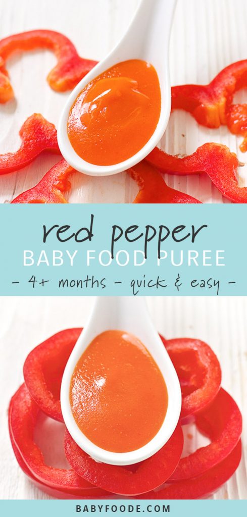 Red pepper baby food puree on a white spoon surrounded by raw peppers.