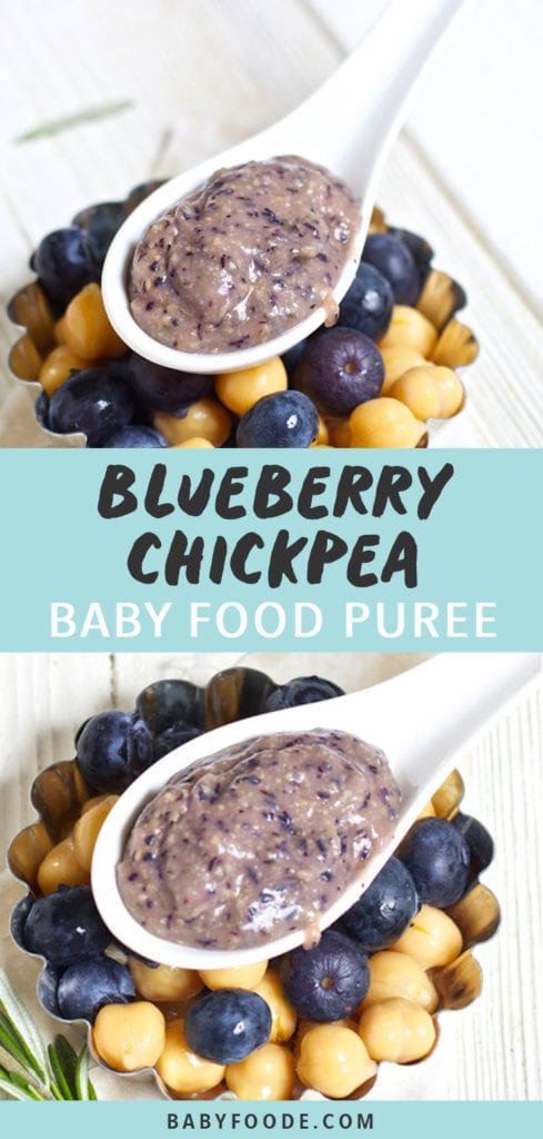 Graphic for post - Blueberry Chickpea Baby Food Puree. Images are of a spoon filled with a blueberry and chickpea homemade baby food puree.