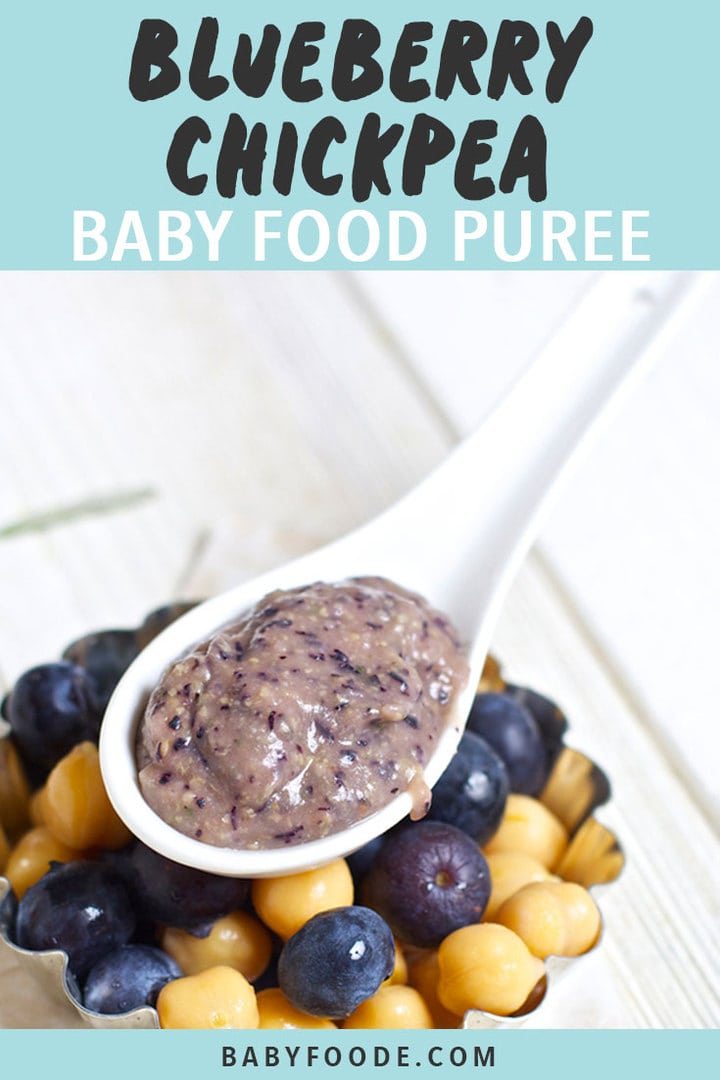 Graphic for post - Blueberry Chickpea Baby Food Puree. Images are of a spoon filled with a blueberry and chickpea homemade baby food puree. 
