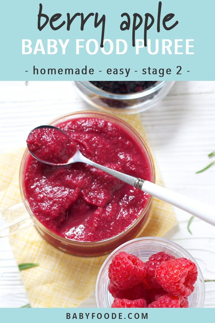 Graphic for post - Berry Apple Baby Food Puree - homemade - easy - stage 2. Images are of a spread of glass bowls filled with produce and a homemade baby food puree