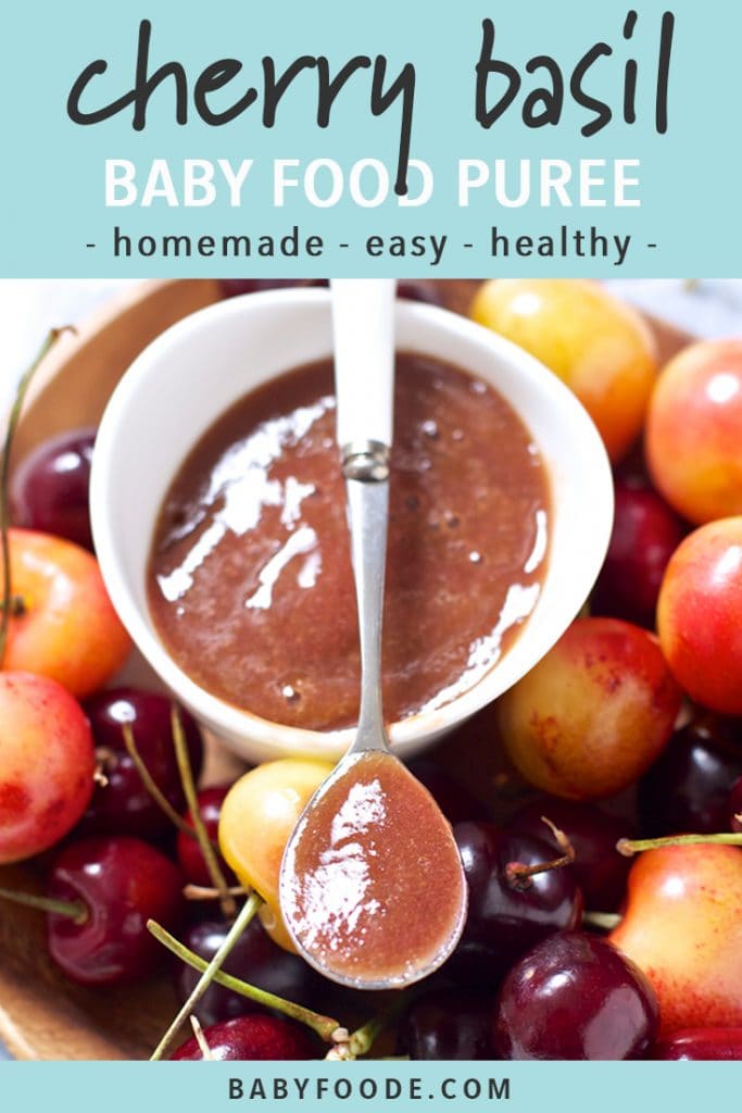 graphic for post - text reads - cherry basil baby food puree - homemade - easy - healthy. Image is of a small white bowl of cherry puree surrounded by whole fresh cherries.
