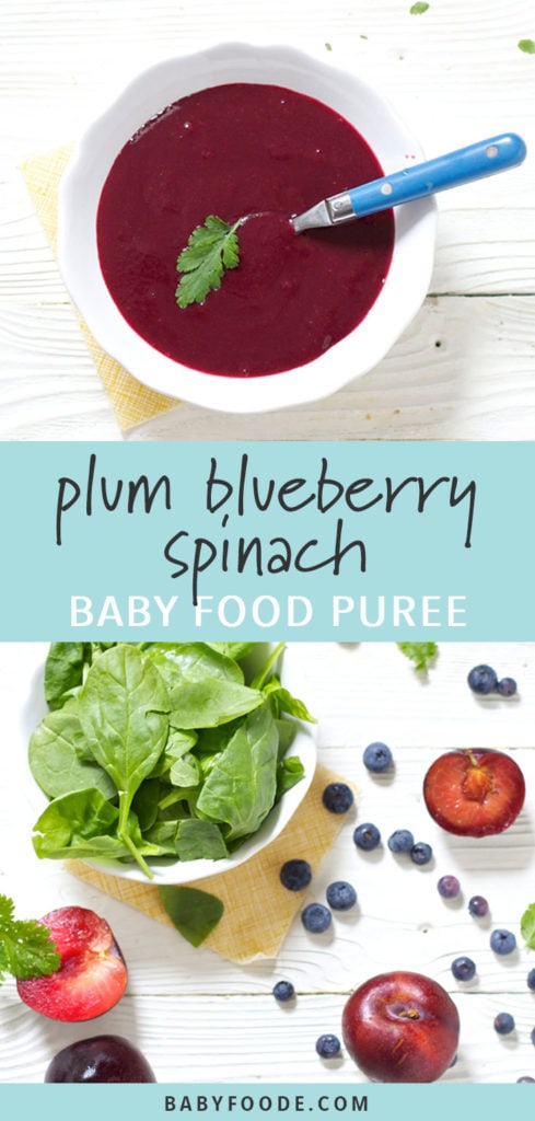 Graphic for post - Plum Blueberry Spinach Baby Food Puree. Images are of a white bowl filled with homemade baby food, the other image is of a scatter of produce on a white wooden board.