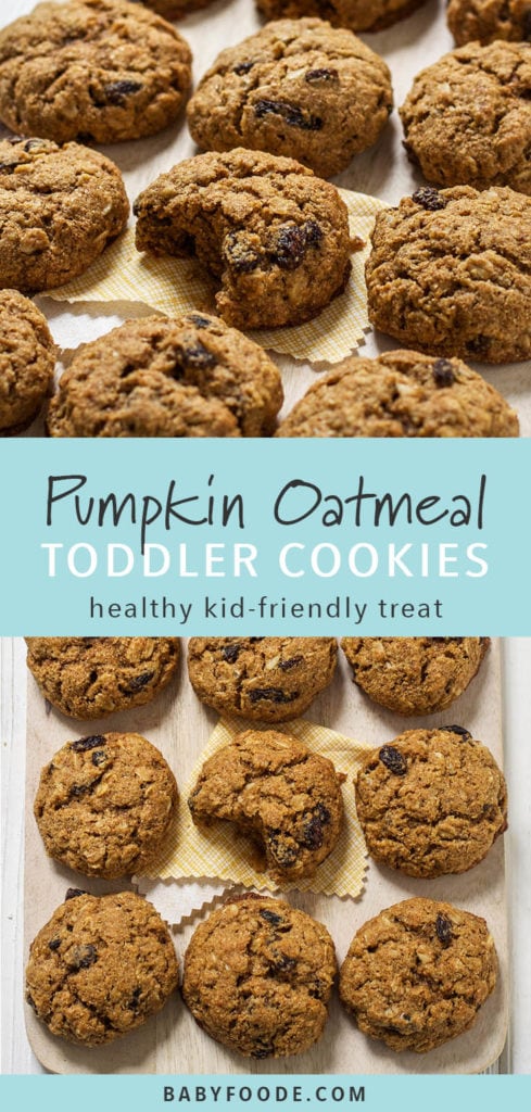 Pinterest image for toddler and kid friendly pumpkin oatmeal cookies.