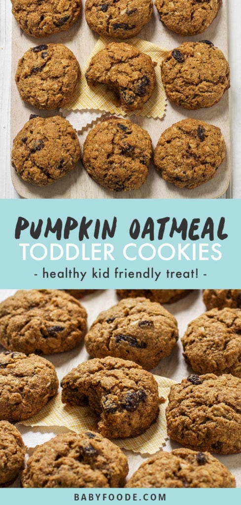 Pinterest image for toddler and kid friendly pumpkin oatmeal cookies.