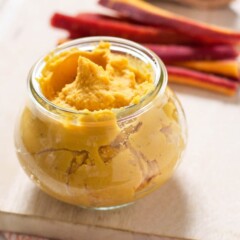 small glass container of Thai sweet potato hummus for kids and toddlers.