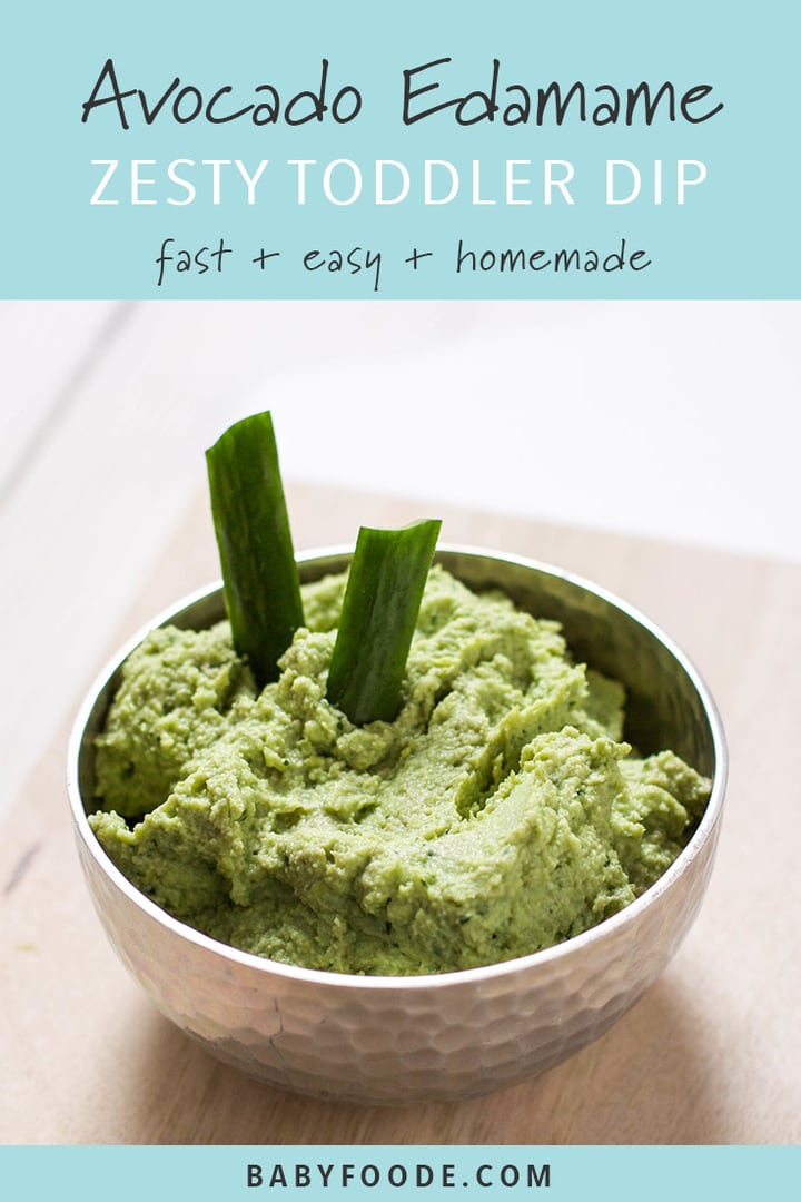 A bowl of toddler and kid friendly avocado and edamame dip.