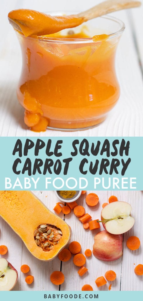 Graphic for post - apple and squash curry puree - 6+ month combination purees. Image is of a glass bowl filled with smooth baby food puree.