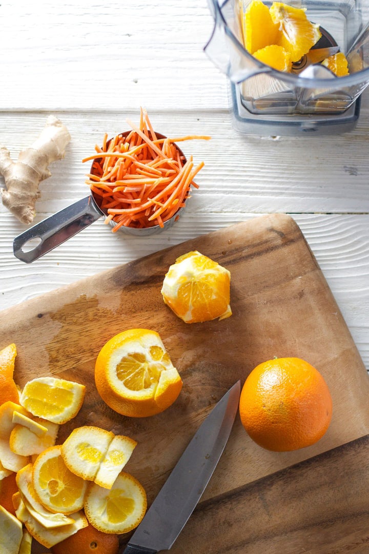 spread of ingredients for carrot orange juice.