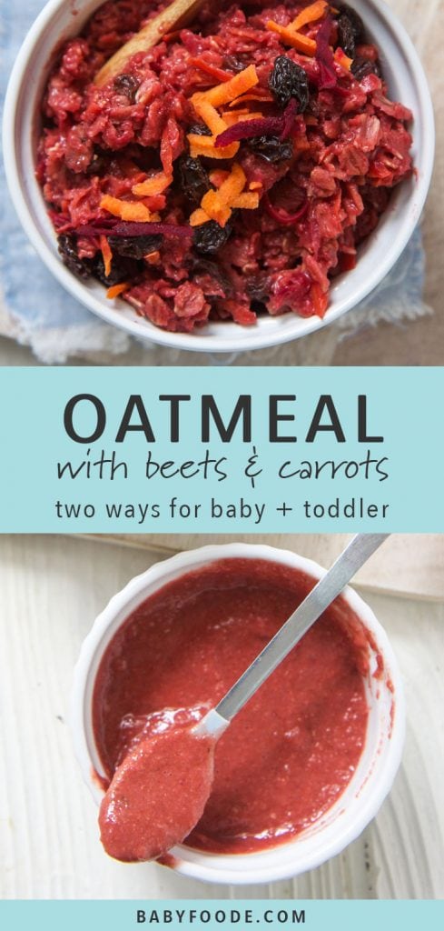 Two bowls of veggie oatmeal with beets and carrots - one blended into a puree for baby.