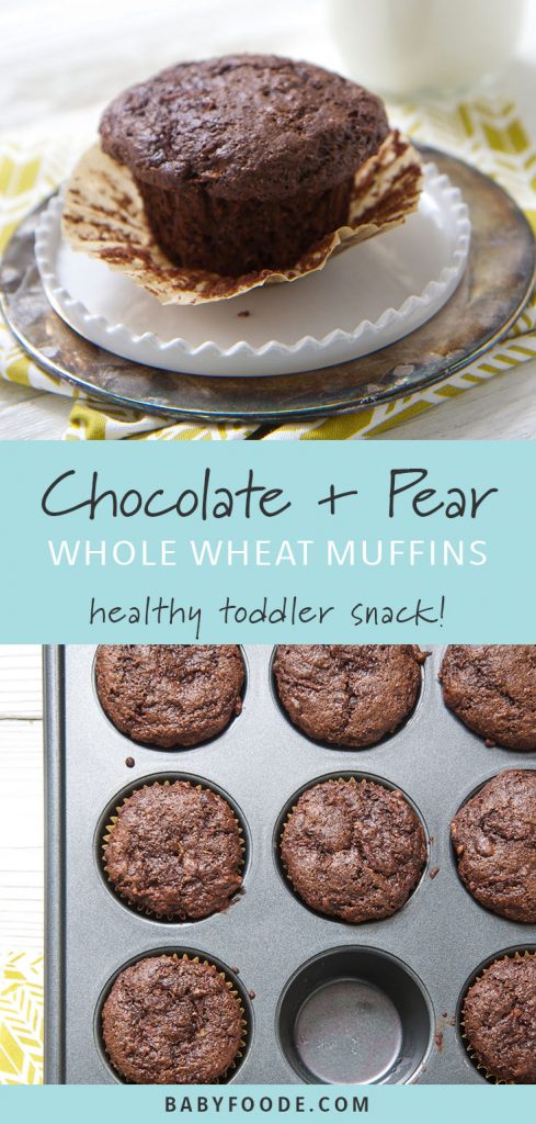 A chocolate pear whole wheat muffin on a white plate and a muffin tin of chocolate wheat muffins.