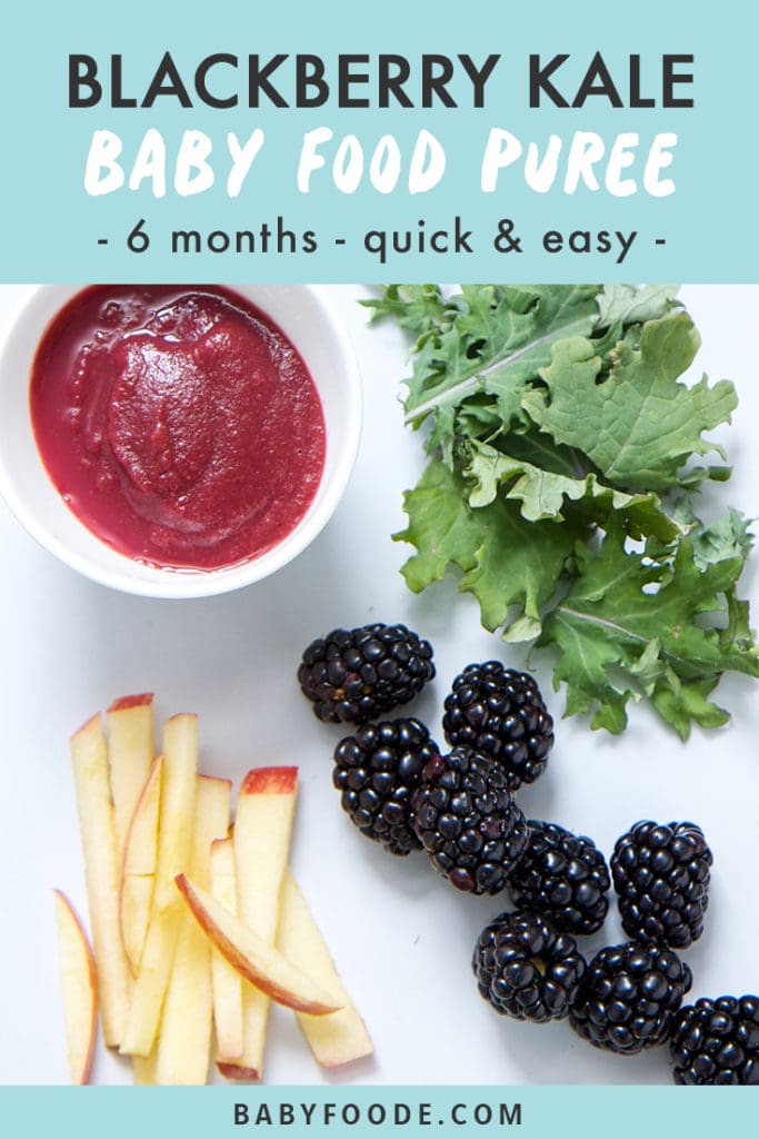 Pinterest image for blackberry, kale, and apple baby food puree.