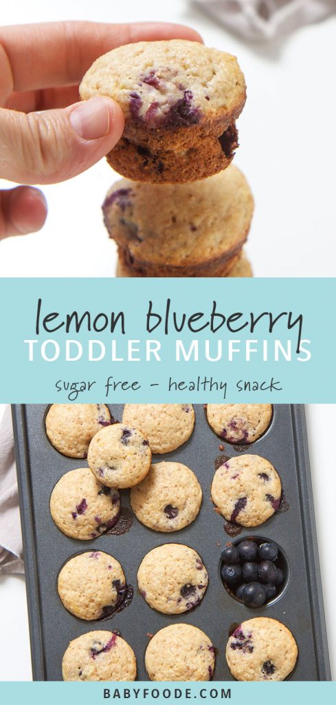 Lemon blueberry muffins in a muffin tin and a small stack of muffins.