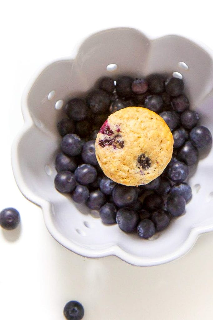 blueberry muffin in a bowl full of blueberries.