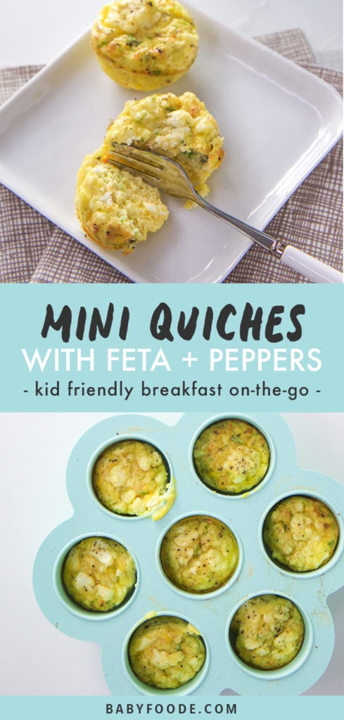 Pinterest image for mini quiche with feta and peppers, a kid friendly breakfast recipe.