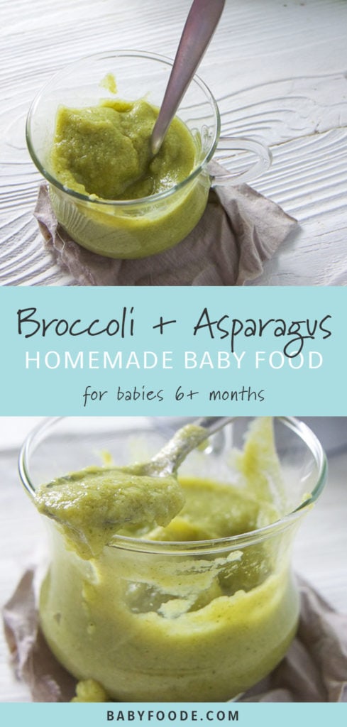 Pinterest image for broccoli asparagus combination puree.