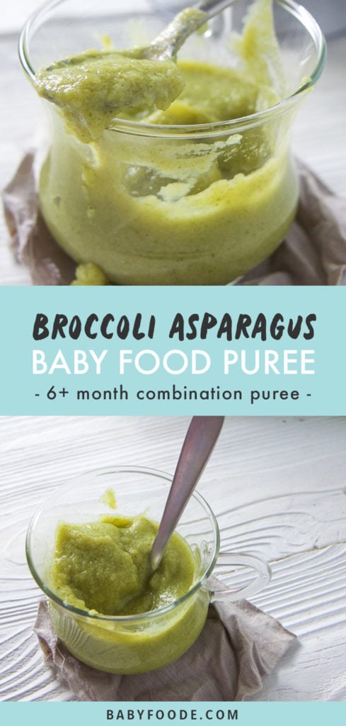 Pinterest image for broccoli asparagus combination puree.