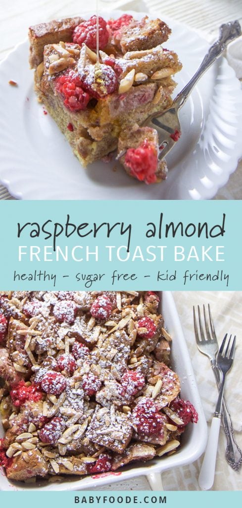 Raspberry almond baked french toast in a casserole dish.