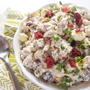 A white bowl filled with harvest chicken salad for toddler, kids and adults.