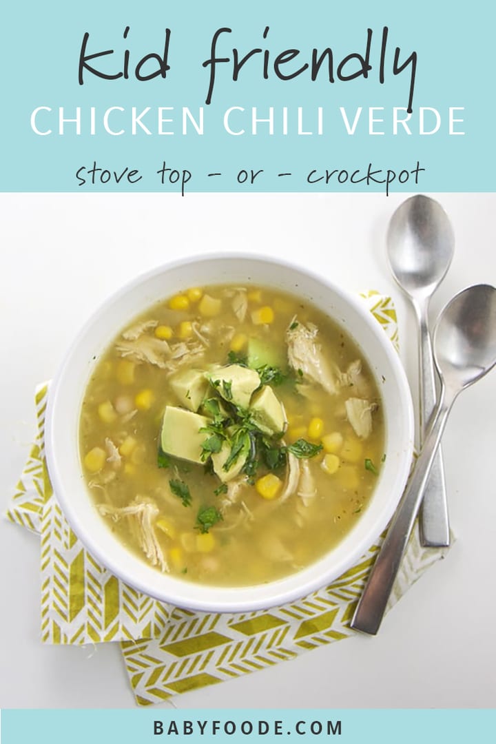 A bowl of healthy and kid friendly chicken chili verde garnished with diced avocado. 