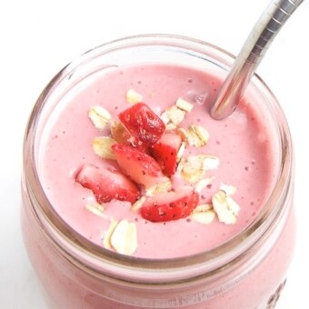 upclose of a strawberry smoothie for toddlers and kids.