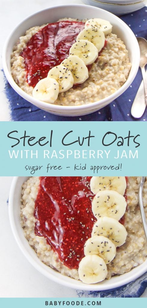 A collage of images showing a bowl kid friendly steel cut oats with raspberry lemon sauce, bananas, and chia seeds.