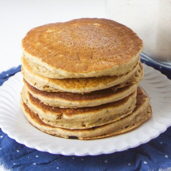 A stack of pancakes made using make-ahead whole wheat pancake mix.