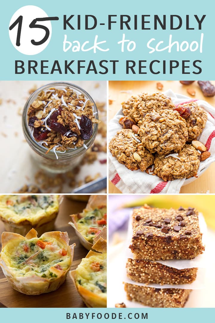Pinterest image for a collection of back to school breakfast recipes for kids. 