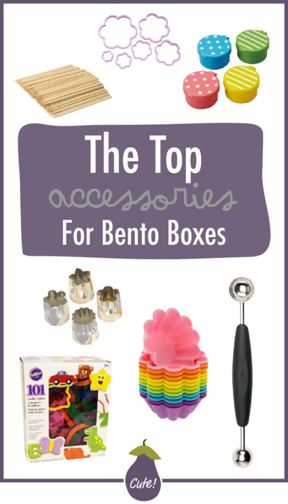 A graphic for the post - a spread of different accessories for school lunch bento boxes. 