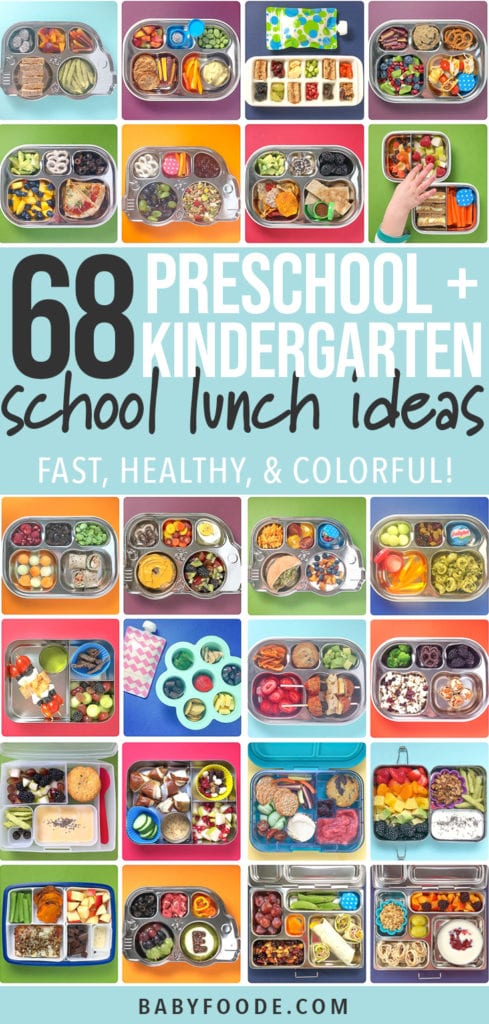 A grid of lunches showing off 68 Preschool + Kindergarten School Lunch Ideas - Fast, Healthy & Colorful!