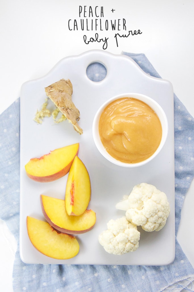 Spread of chopped peaches, cauliflower, ginger and baby food puree on a white cutting board. 