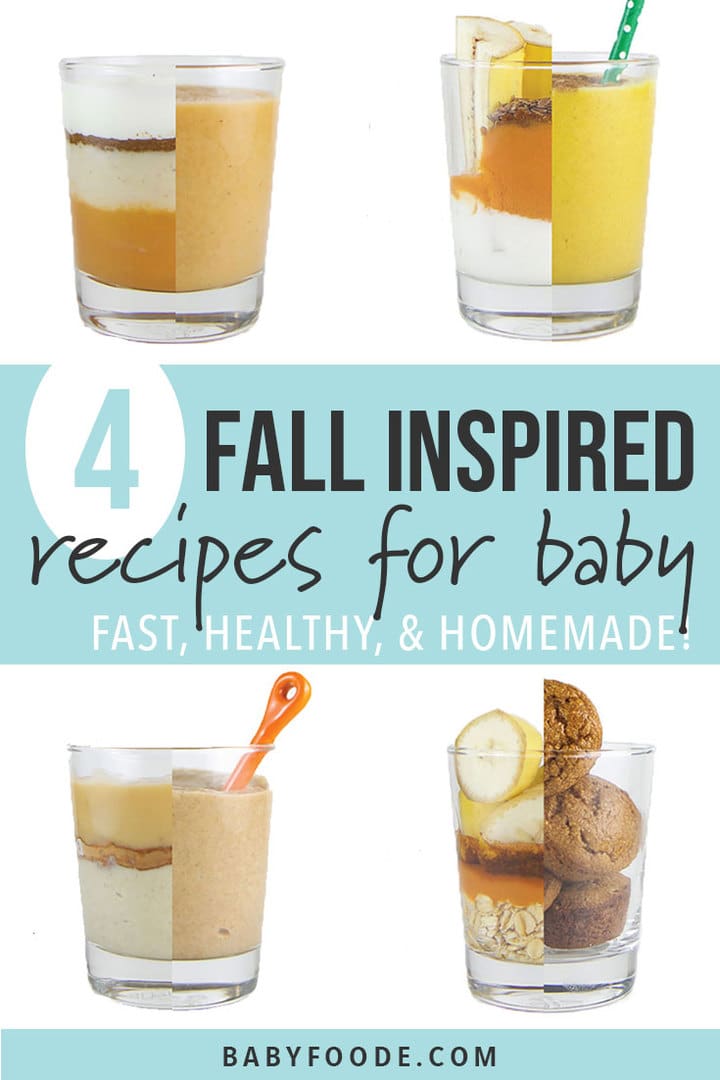 Graphic for Post - 4 Fall Inspired Recipe for Baby + Toddler - Fast, Healthy & Homemade with images in a great of the 4 recipes.