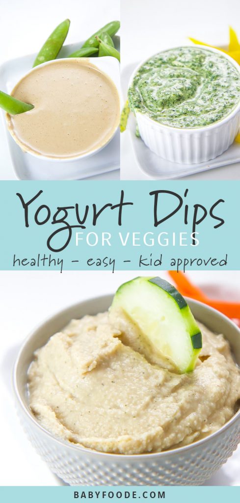 A collage of three healthy toddler and kid approved yogurt dips for veggies.
