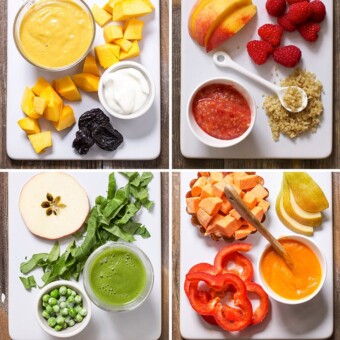 A collage of quick and easy baby food purees that can each be made in under 15 minutes.