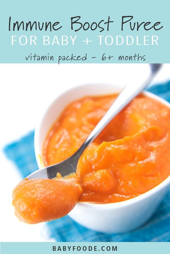 A bowl of immune boost puree for babies and toddlers.