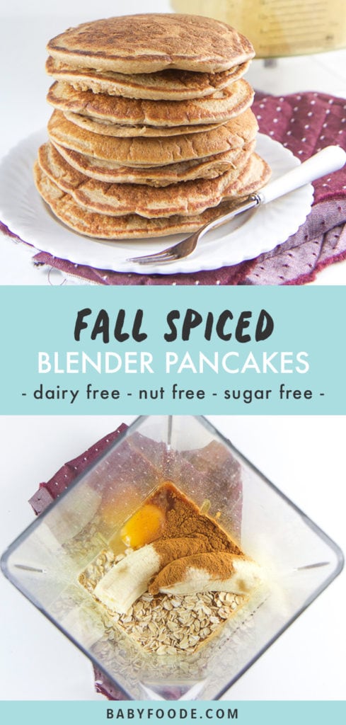 Pinterest image for allergy friendly fall spiced blender pancakes for toddlers and kids.