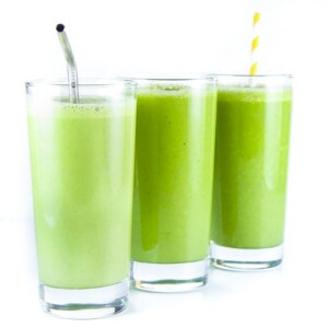 3 glasses with green smoothies for kids and toddlers.