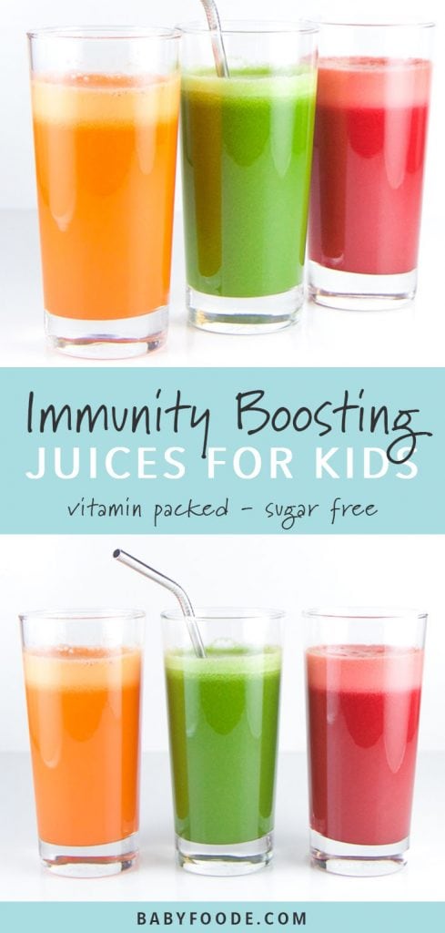 Three colorful and kid friendly immunity boosting juices on a white background.