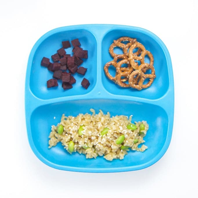 Quick and easy toddler lunch on a blue plate.