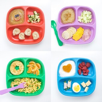 A grid of 4 colorful 3-section plates filled with healthy and colorful toddler lunch ideas.