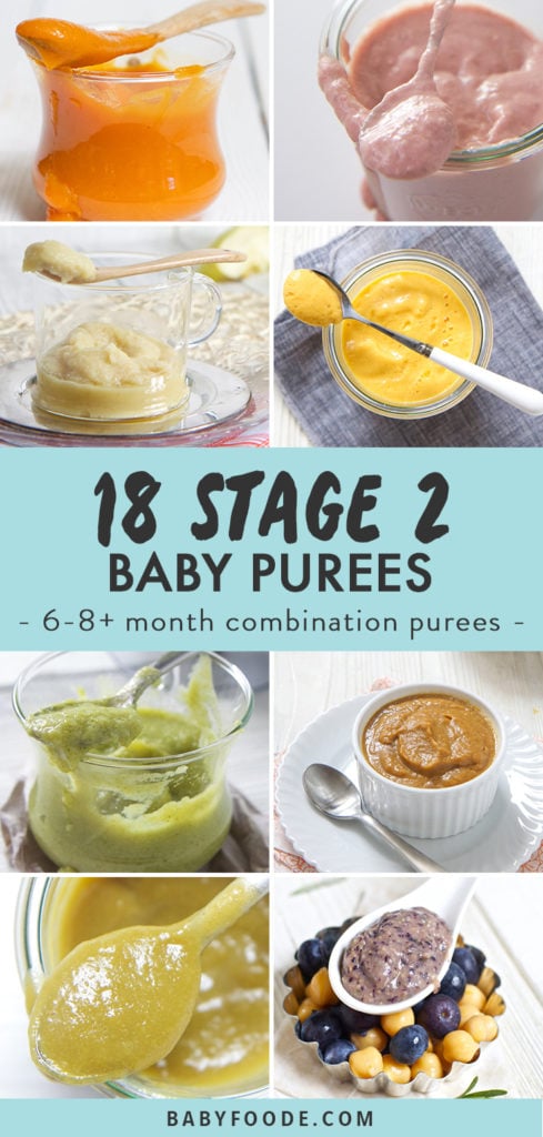 Pinterest image for a collection of stage two (combination) baby food purees.