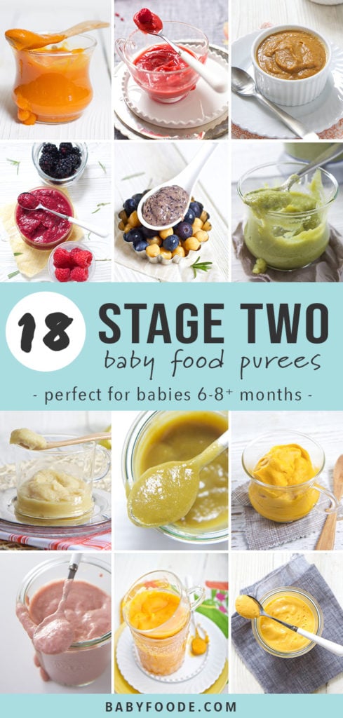 Pinterest image for a collection of stage two (combination) baby food purees.