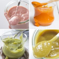 4 photos in a grid of different stage 2 baby food purees