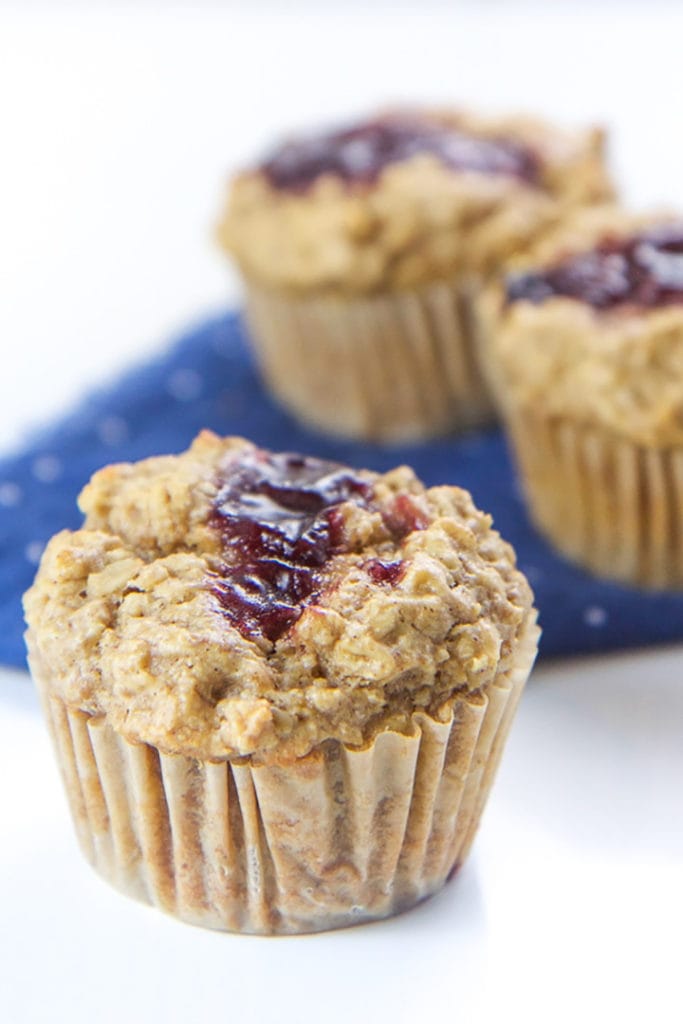 Oatmeal muffin cup with peanut butter and jelly.